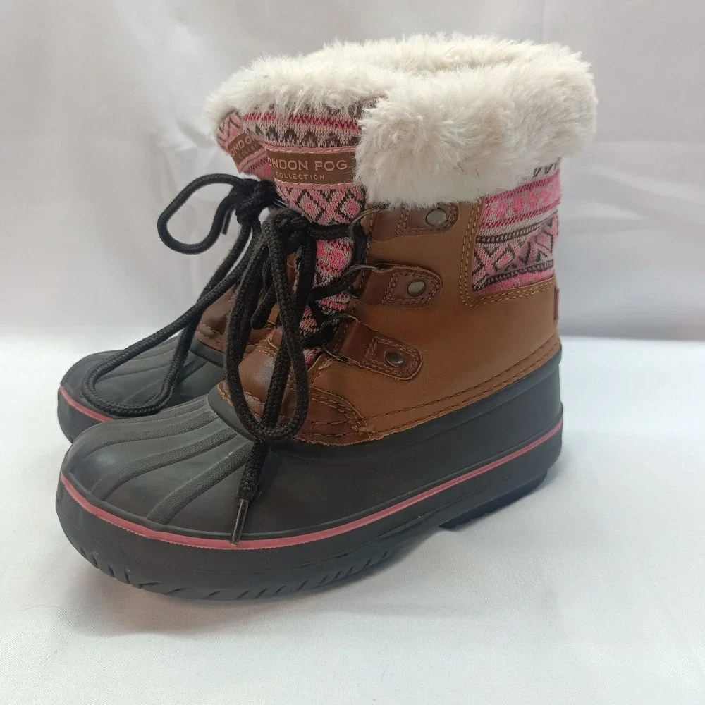 London‎ Fog Tottenham Kids Winter Duck Boots Pink Brown Faux Fur Size 12 LFK004